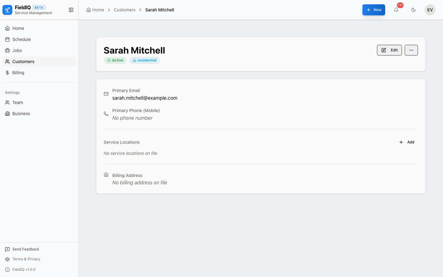 FieldIQ customer profile with job history