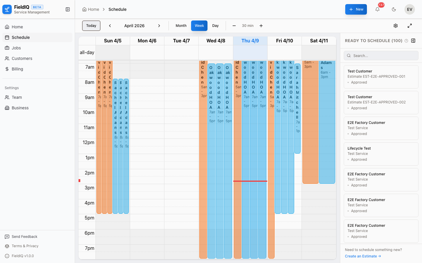 FieldIQ scheduling calendar showing a week of painting jobs