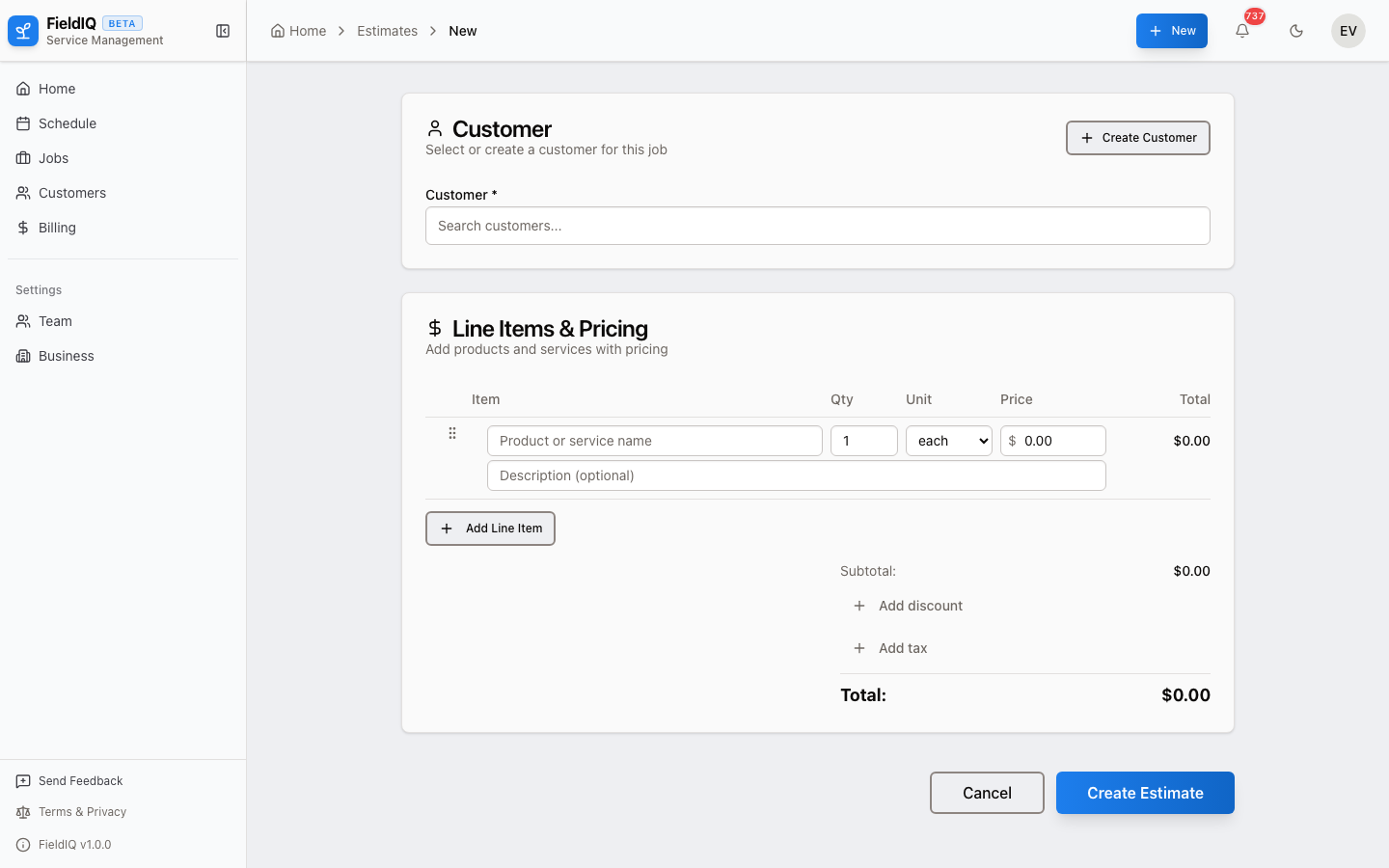 Create an estimate in FieldIQ