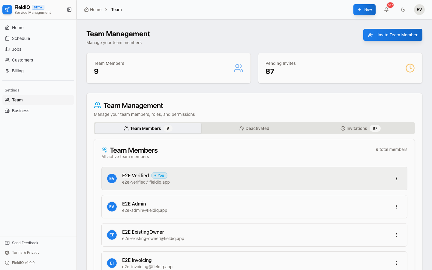 FieldIQ team management with member list